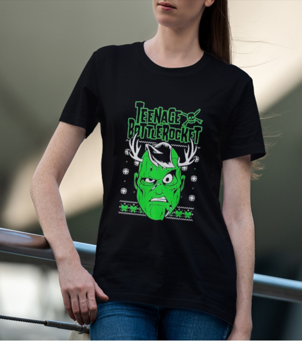 Teenage Bottlerocket Green Grumpy Face With Antlers Snowflakes Skulls Christmas T-Shirt