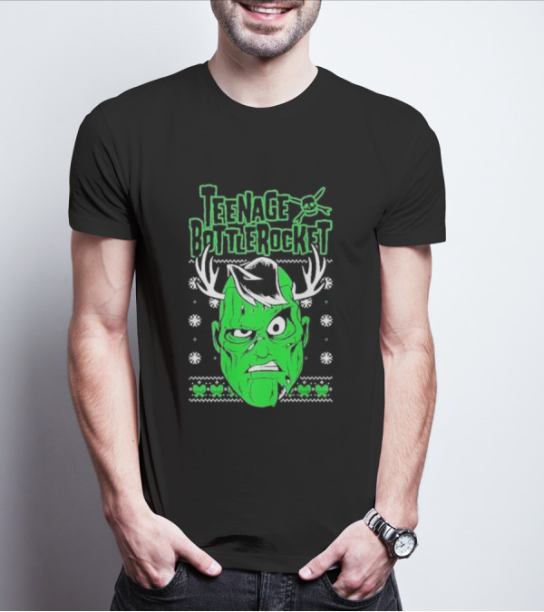 Teenage Bottlerocket Green Grumpy Face With Antlers Snowflakes Skulls Christmas T-Shirt