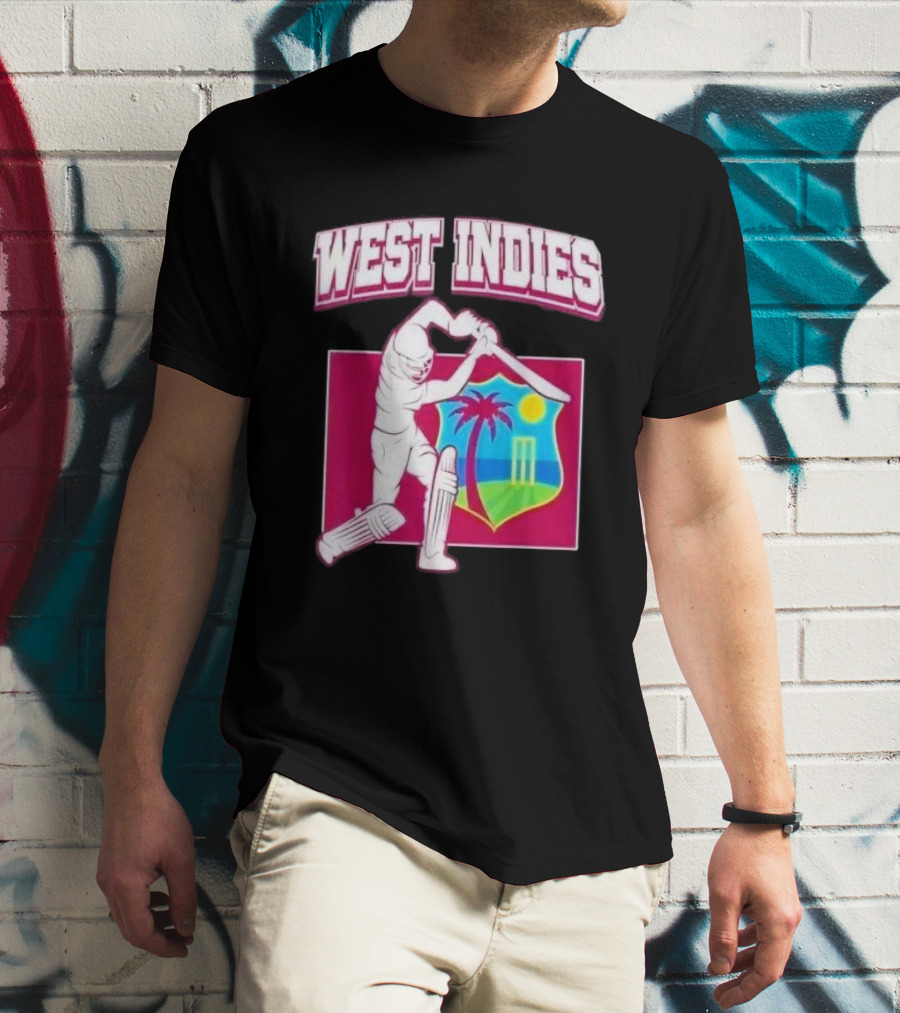 WEST INDIES CRICKET WINDIES LOGO BATSMAN PALM TREE STUMPS SUN CREST T-Shirt