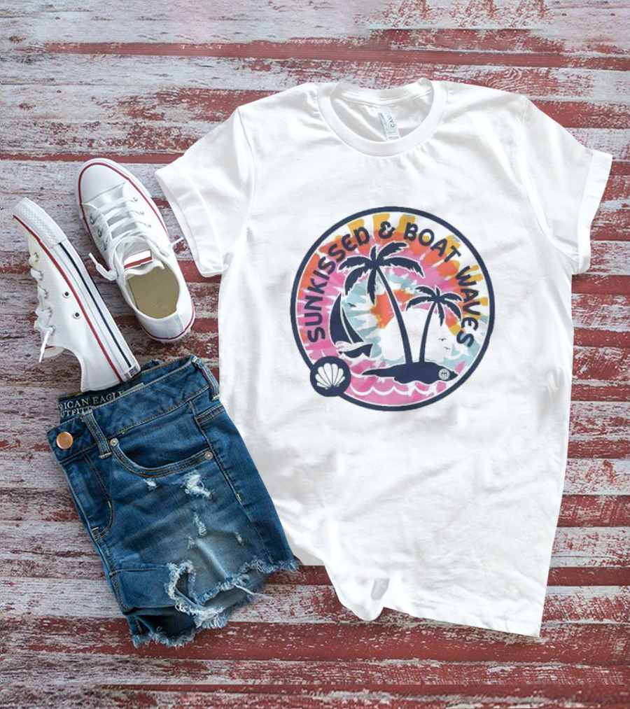 Sunkissed And Boat Waves Palm Trees Shell Sailboat Colorful Circle Emblem T-Shirt