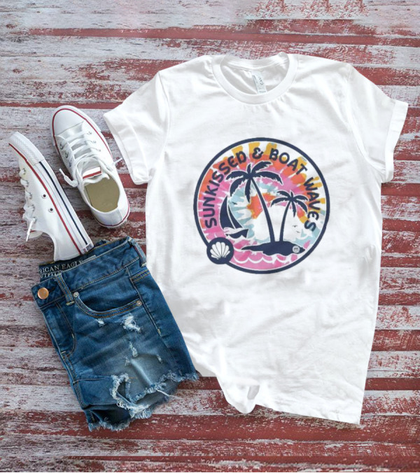 Sunkissed And Boat Waves Palm Trees Shell Sailboat Colorful Circle Emblem T-Shirt