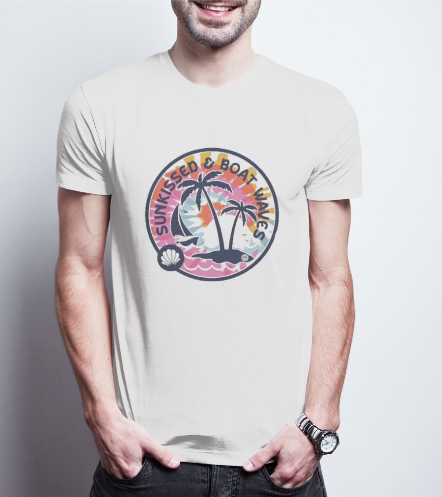 Sunkissed And Boat Waves Palm Trees Shell Sailboat Colorful Circle Emblem T-Shirt
