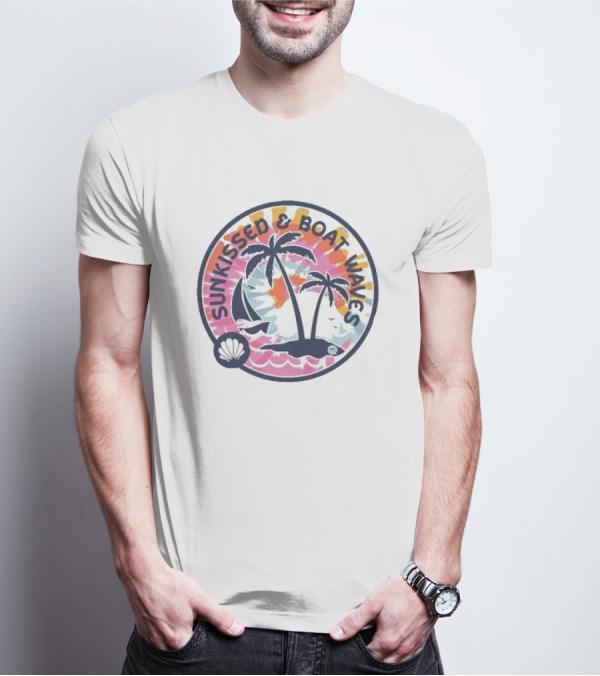 Sunkissed And Boat Waves Palm Trees Shell Sailboat Colorful Circle Emblem T-Shirt