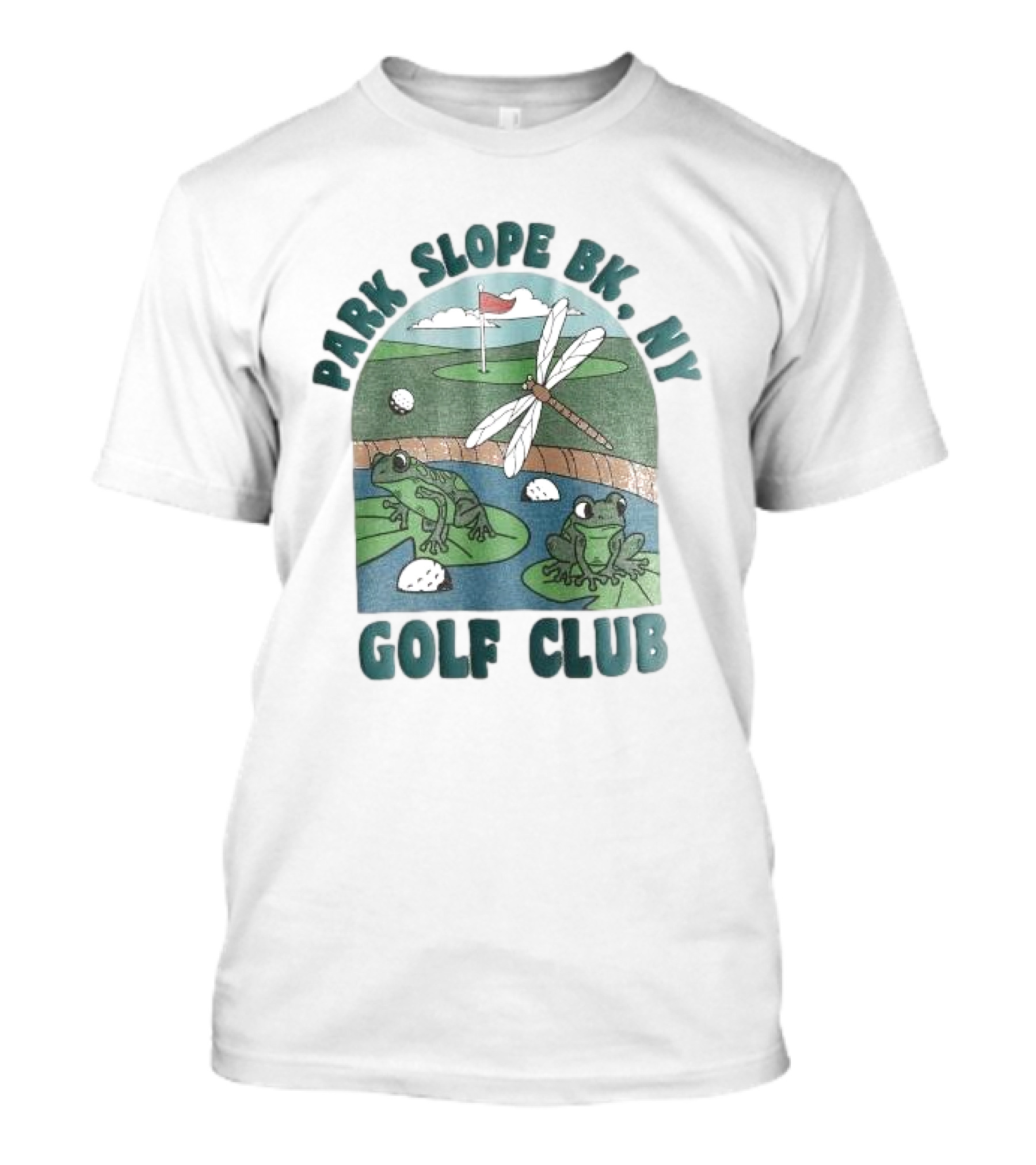 Park Slope BK NY Golf Club Frog And Dragonfly On Golf Course Lily Pads In Pond T-Shirt