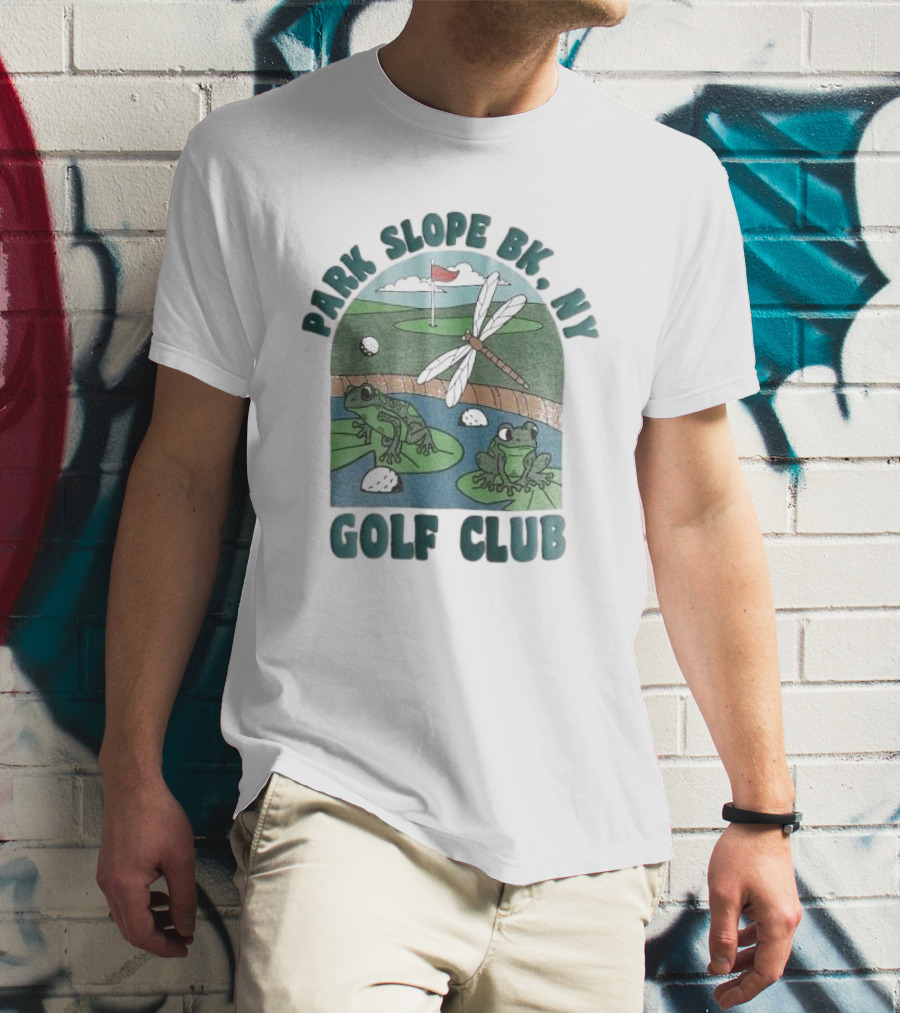 Park Slope BK NY Golf Club Frog And Dragonfly On Golf Course Lily Pads In Pond T-Shirt