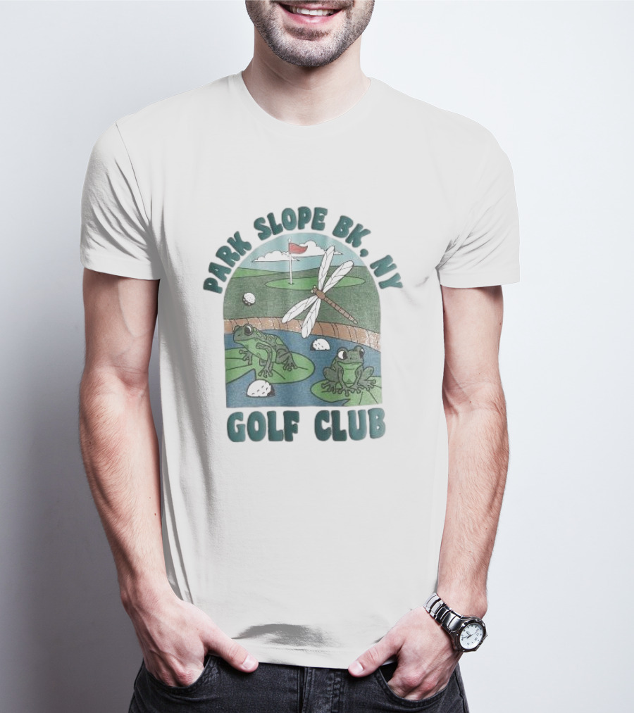 Park Slope BK NY Golf Club Frog And Dragonfly On Golf Course Lily Pads In Pond T-Shirt