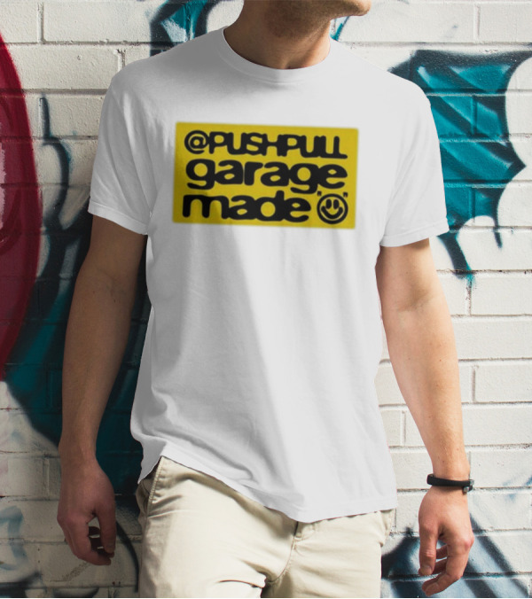 Pushpull Garage Made Smiley Face Yellow Background T-Shirt