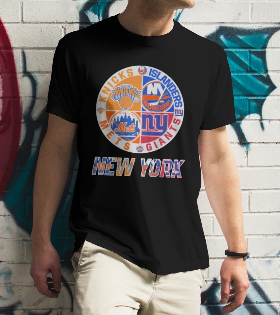 New York Knicks Mets Giants Islanders Logos Circle NYC Sports Teams T-Shirt