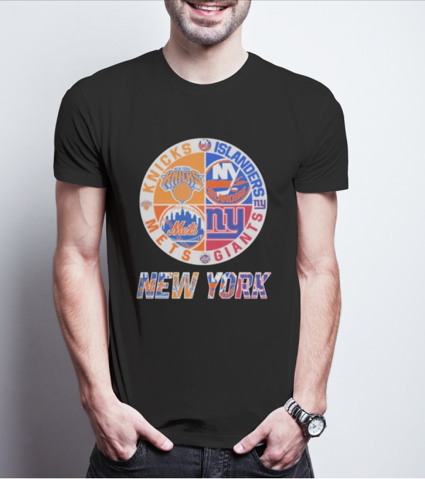 New York Knicks Mets Giants Islanders Logos Circle NYC Sports Teams T-Shirt