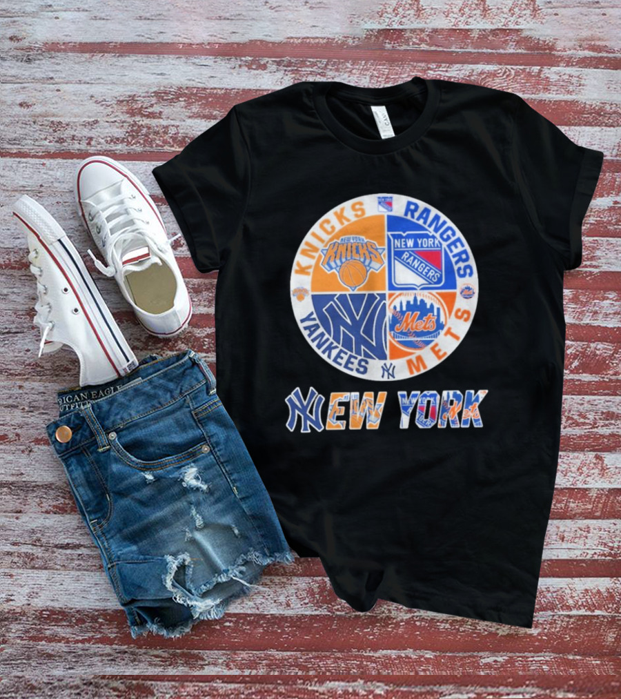 Knicks Rangers Yankees Mets New York Circle Logo Collaboration T-Shirt