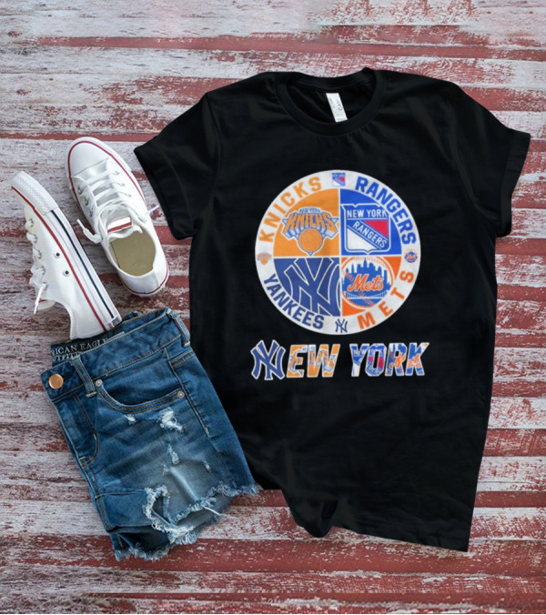 Knicks Rangers Yankees Mets New York Circle Logo Collaboration T-Shirt