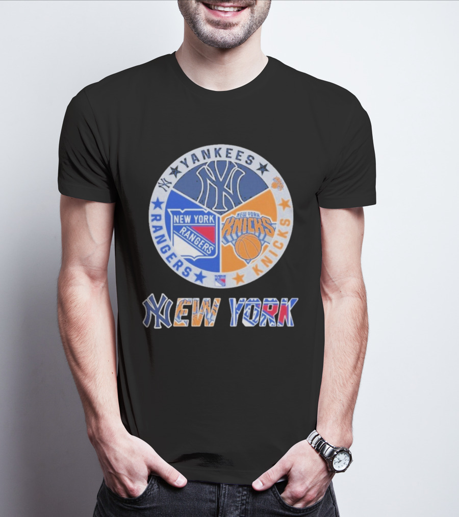 Yankees Rangers Knicks New York Sports Collaboration T-Shirt