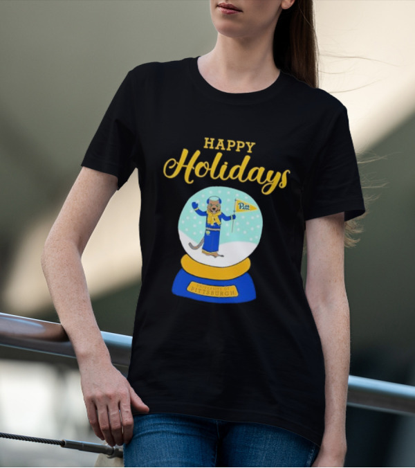 University Of Pittsburgh Pitt Roc Snow Globe Happy Holidays T-Shirt