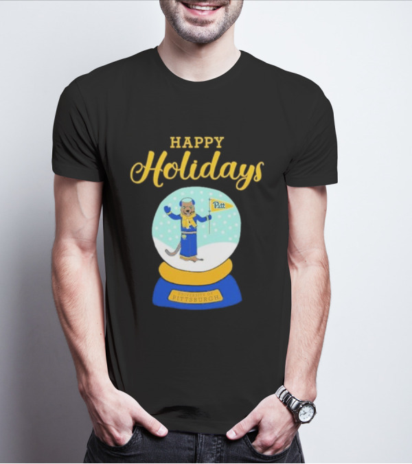 University Of Pittsburgh Pitt Roc Snow Globe Happy Holidays T-Shirt