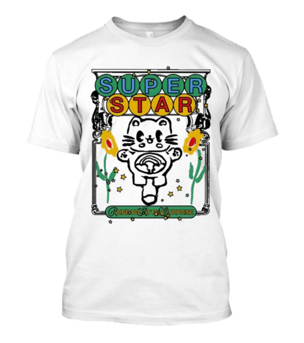 Rainbow Kitten Surprise Superstar Floating Cat With Rainbow Starry Background T-Shirt
