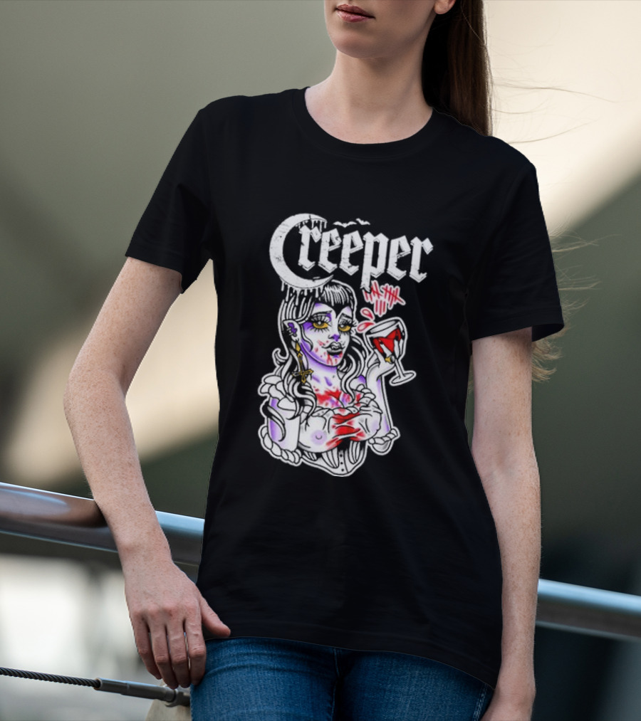 Creeper Gothic Vampire Woman With Bloody Drink T-Shirt