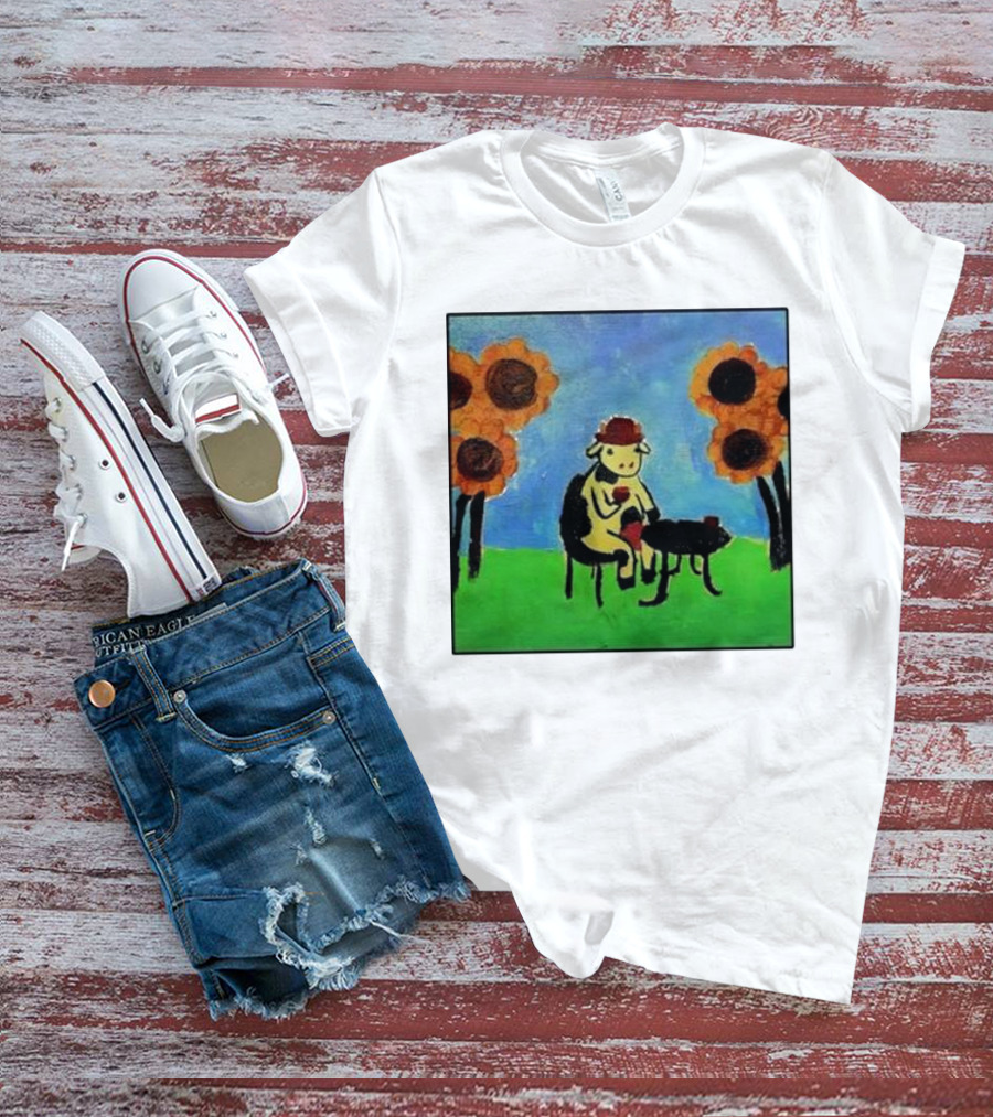 Cow Painting With Sunflowers And Tea Party Scene T-Shirt