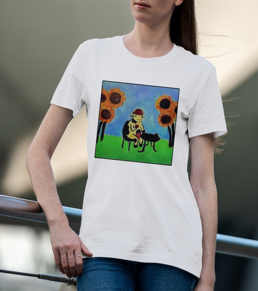 Cow Painting With Sunflowers And Tea Party Scene T-Shirt