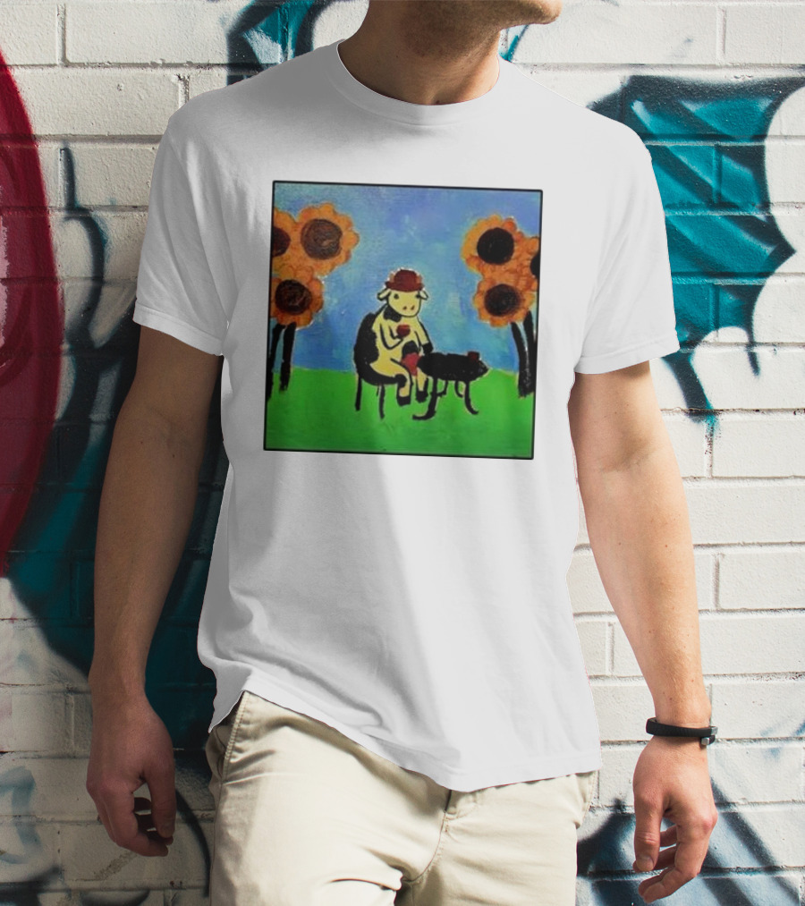 Cow Painting With Sunflowers And Tea Party Scene T-Shirt
