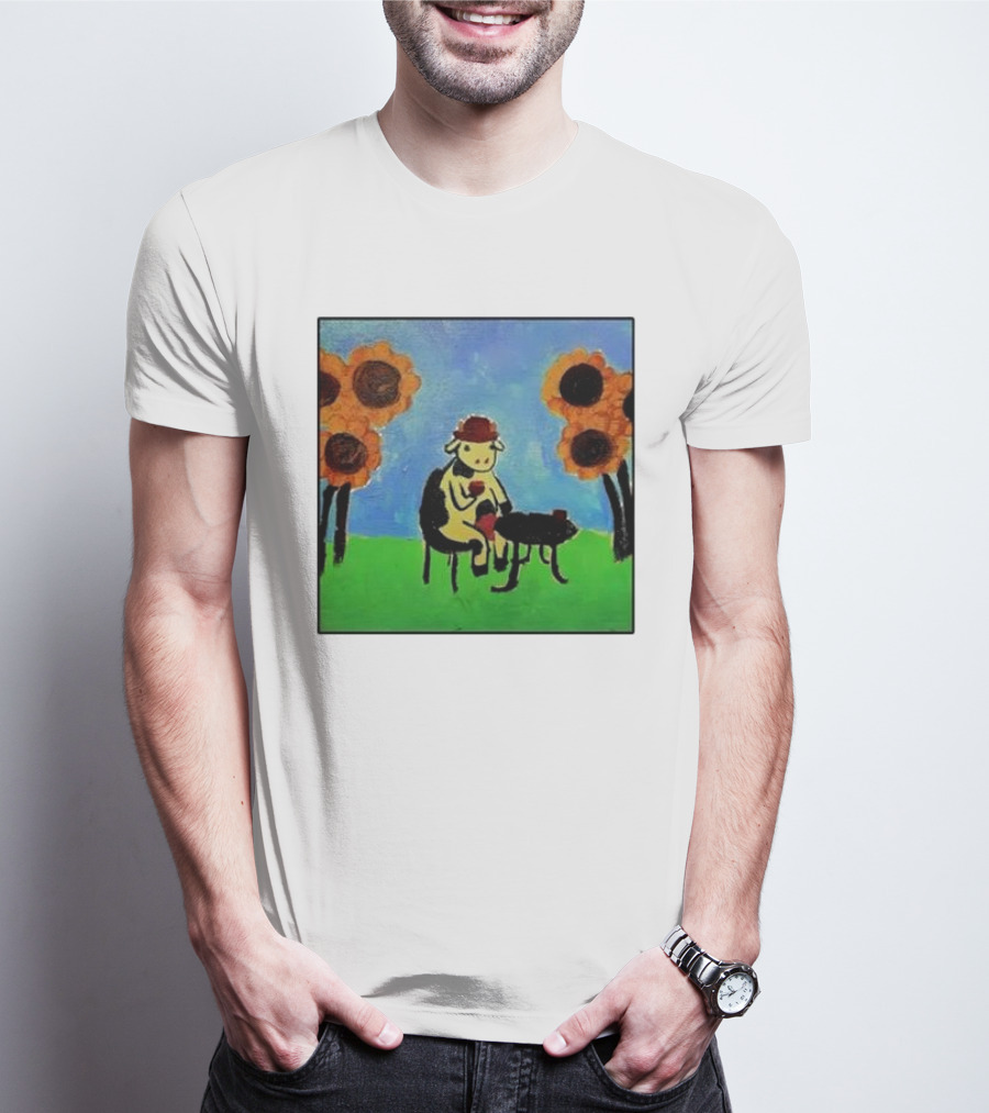 Cow Painting With Sunflowers And Tea Party Scene T-Shirt