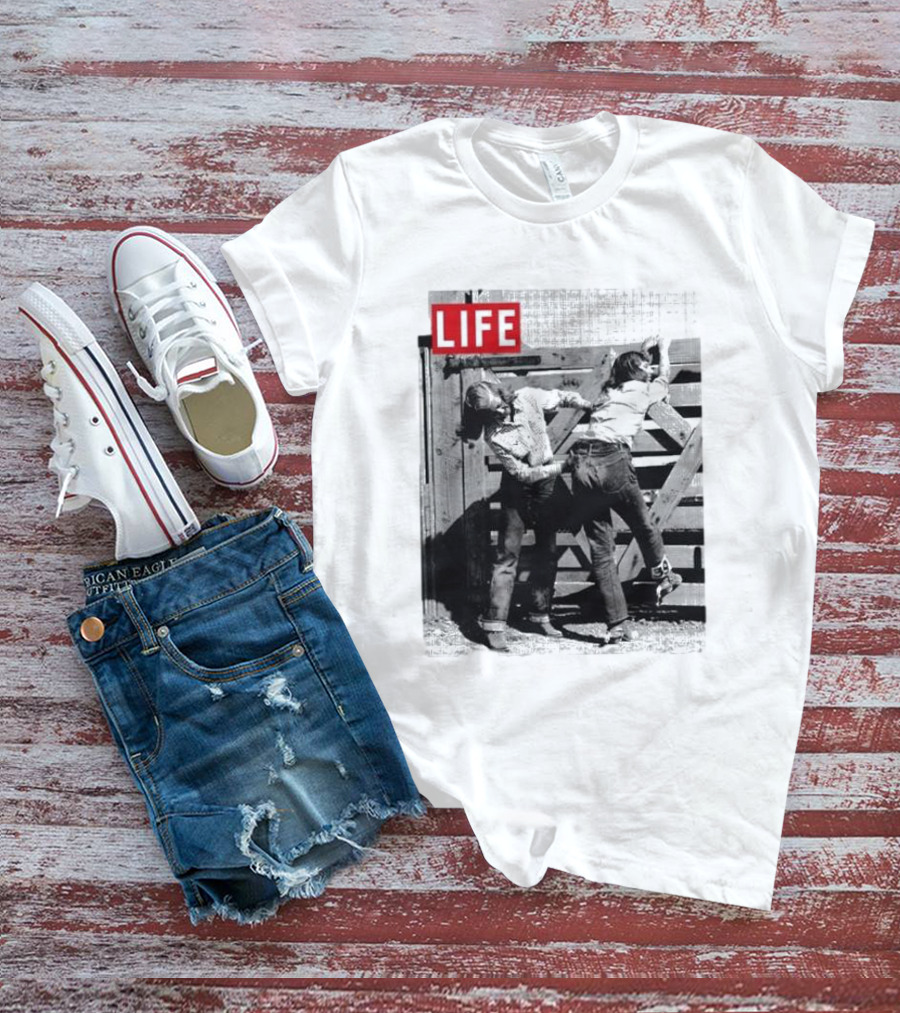 Life Magazine Cowboy Boys Playful Dust Off Fence Scene T-Shirt