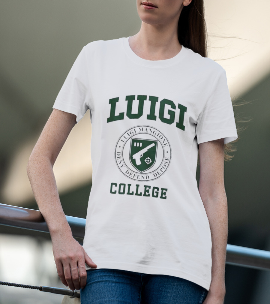 Luigi Mangione Deny Defend Depose College Gun Emblem T-Shirt