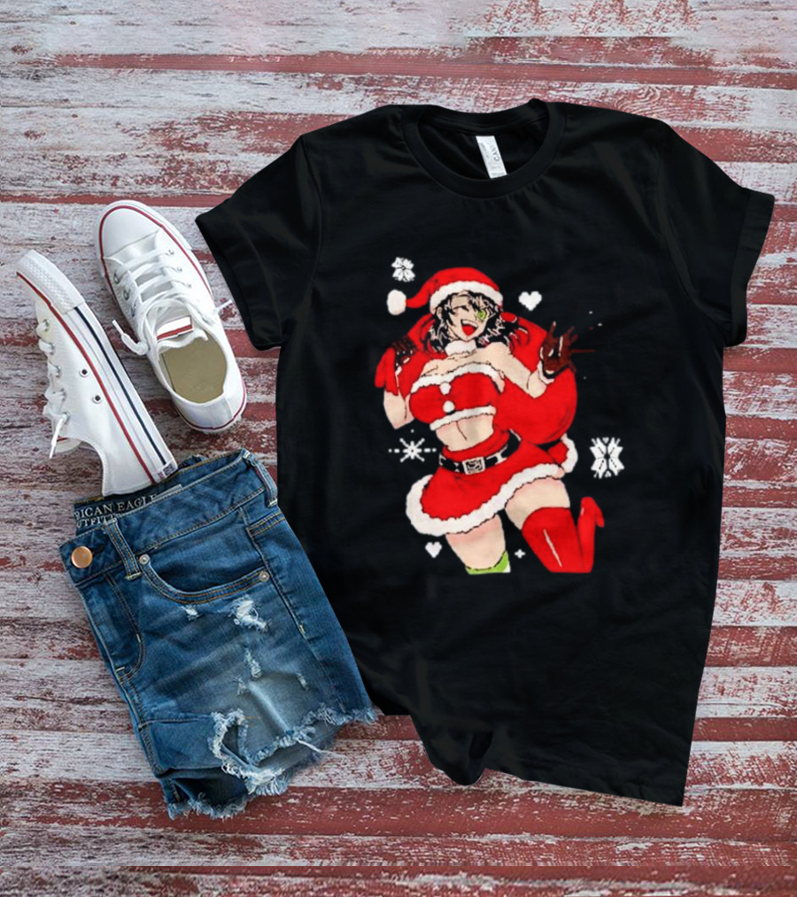 Supps Waifu Uwu Ugly Christmas Santa Anime Girl In Red Outfit With Snowflakes And Hearts T-Shirt