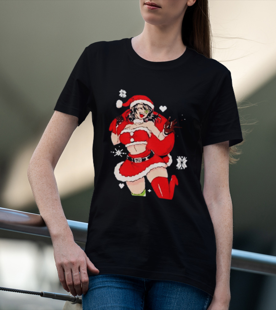 Supps Waifu Uwu Ugly Christmas Santa Anime Girl In Red Outfit With Snowflakes And Hearts T-Shirt