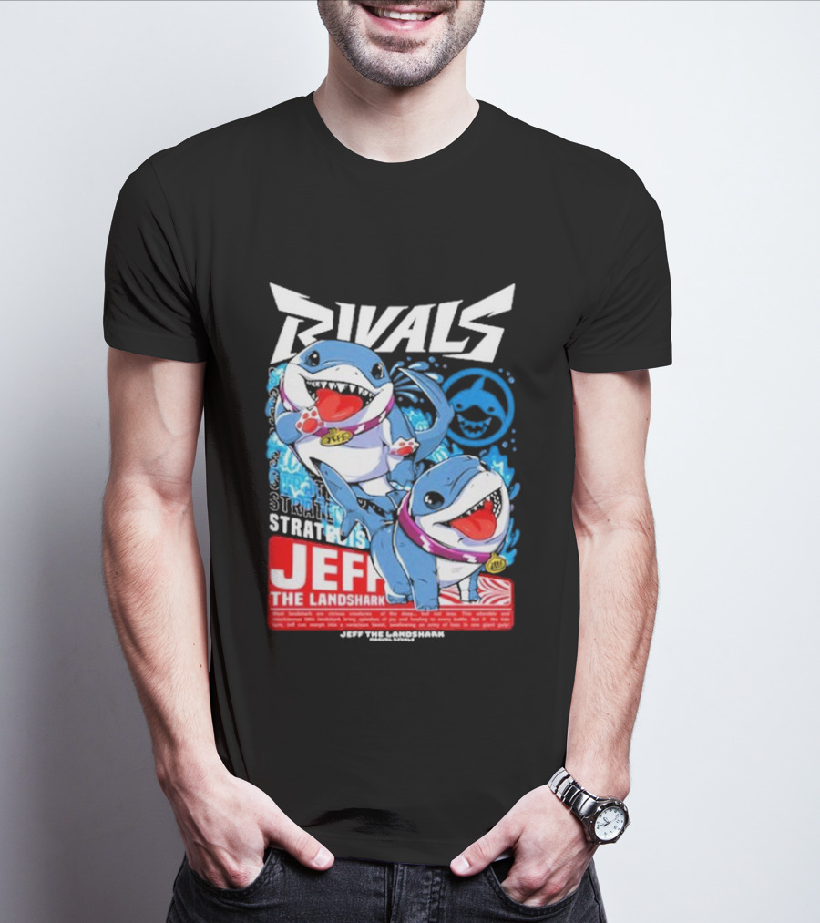 Rivals Stratbois Jeff The Land Shark Anime Style With Blue And Red Cartoon T-Shirt