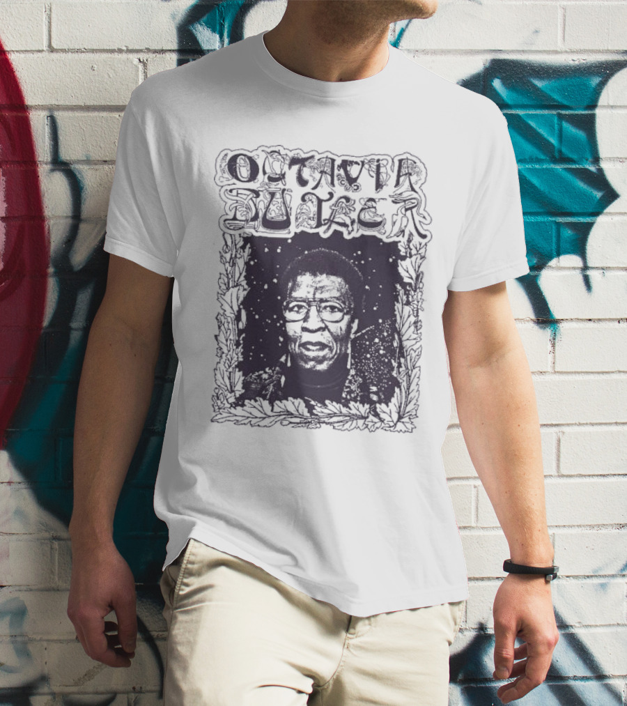 Octavia Butler Portrait With Leafy Cosmic Border T-Shirt