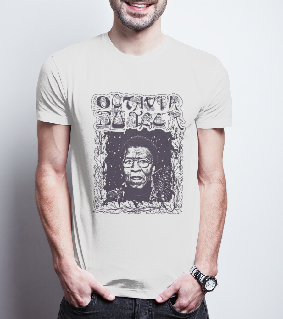 Octavia Butler Portrait With Leafy Cosmic Border T-Shirt