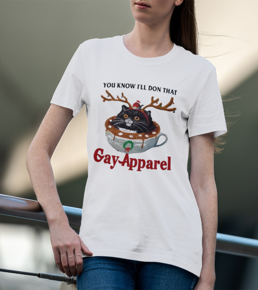 You Know I’ll Don That Gay Apparel Black Cat In Festive Antlers In Holiday Coffee Cup T-Shirt