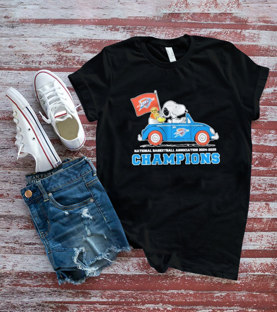 Snoopy Woodstock Peanuts Driving Car NBA Champions 2024 2025 OKC T-Shirt