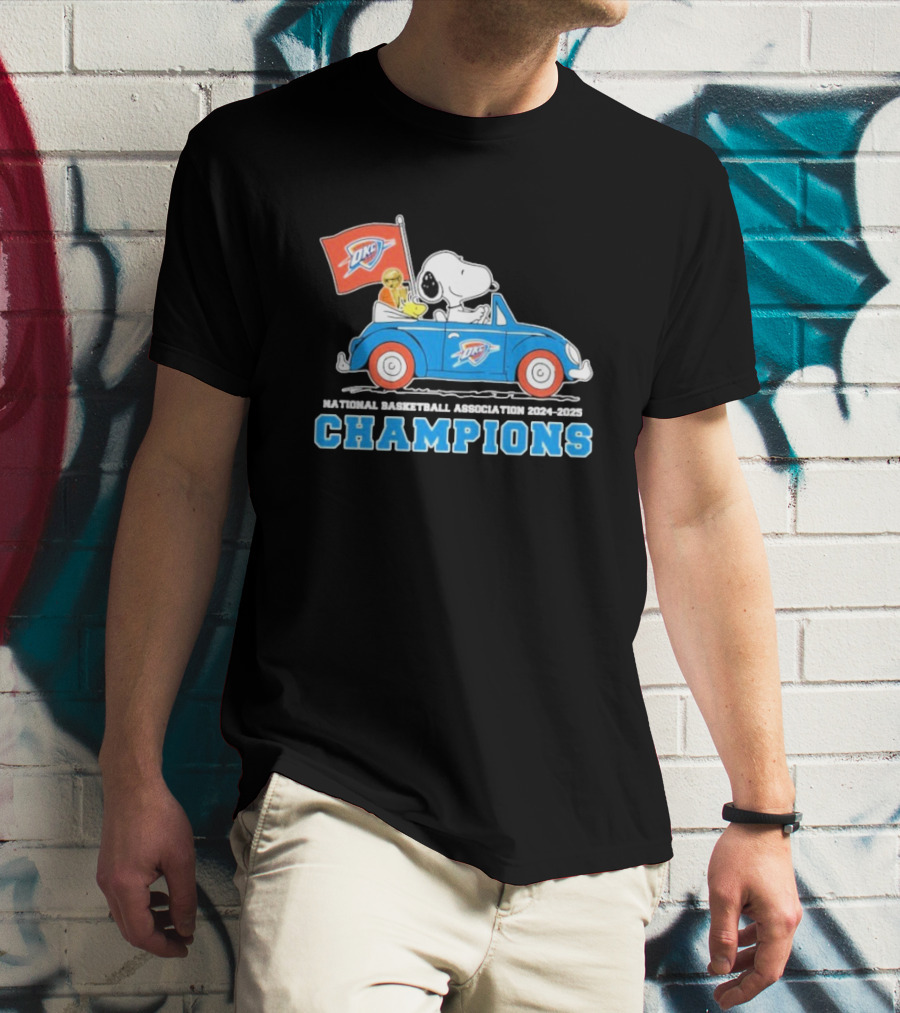 Snoopy Woodstock Peanuts Driving Car NBA Champions 2024 2025 OKC T-Shirt