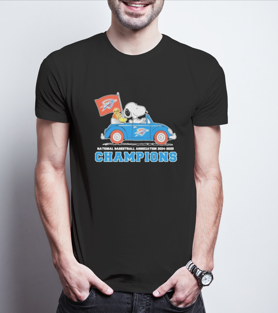 Snoopy Woodstock Peanuts Driving Car NBA Champions 2024 2025 OKC T-Shirt