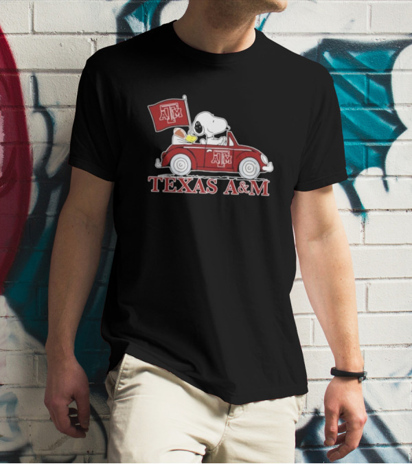 Snoopy Woodstock Driving Texas A&M Car Peanuts T-Shirt