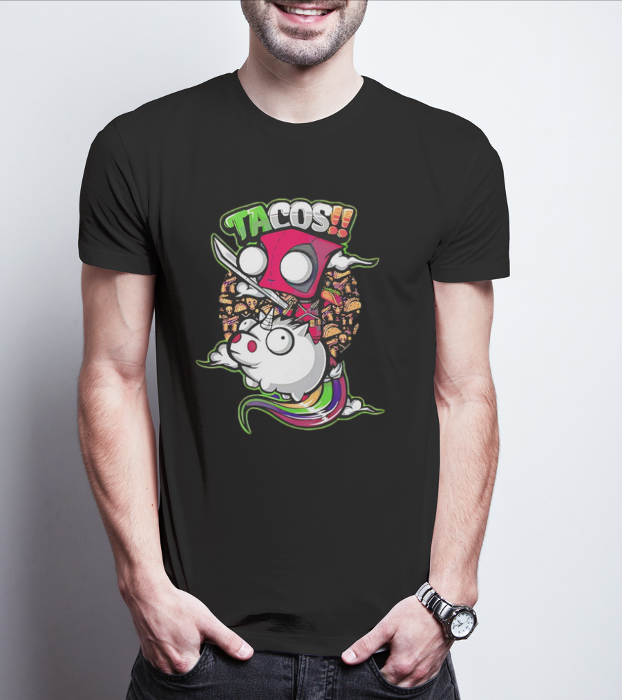 Tacos Deadpool Riding Unicorn Surrounded By Tacos Cartoon T-Shirt