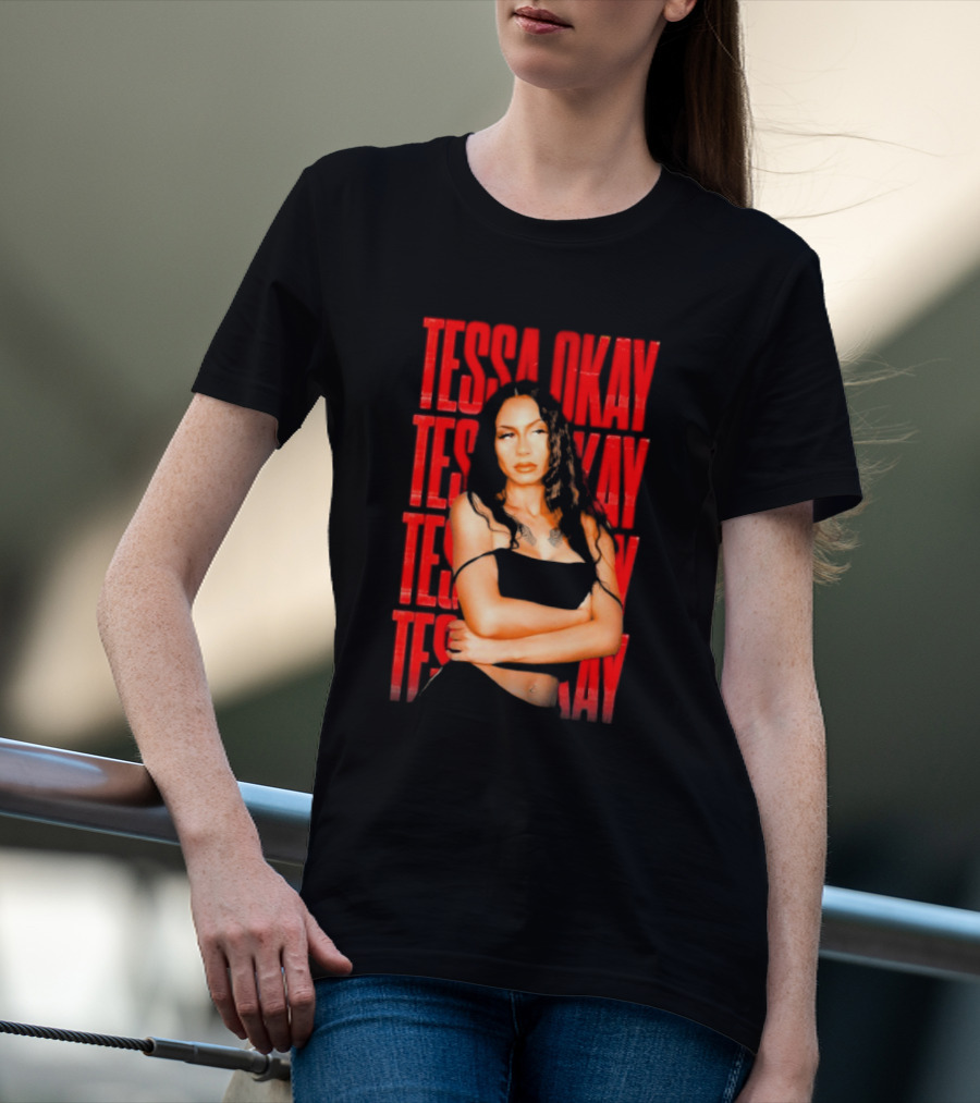 Tessa Okay Bold Red Typography With Crossed-Arms Portrait T-Shirt
