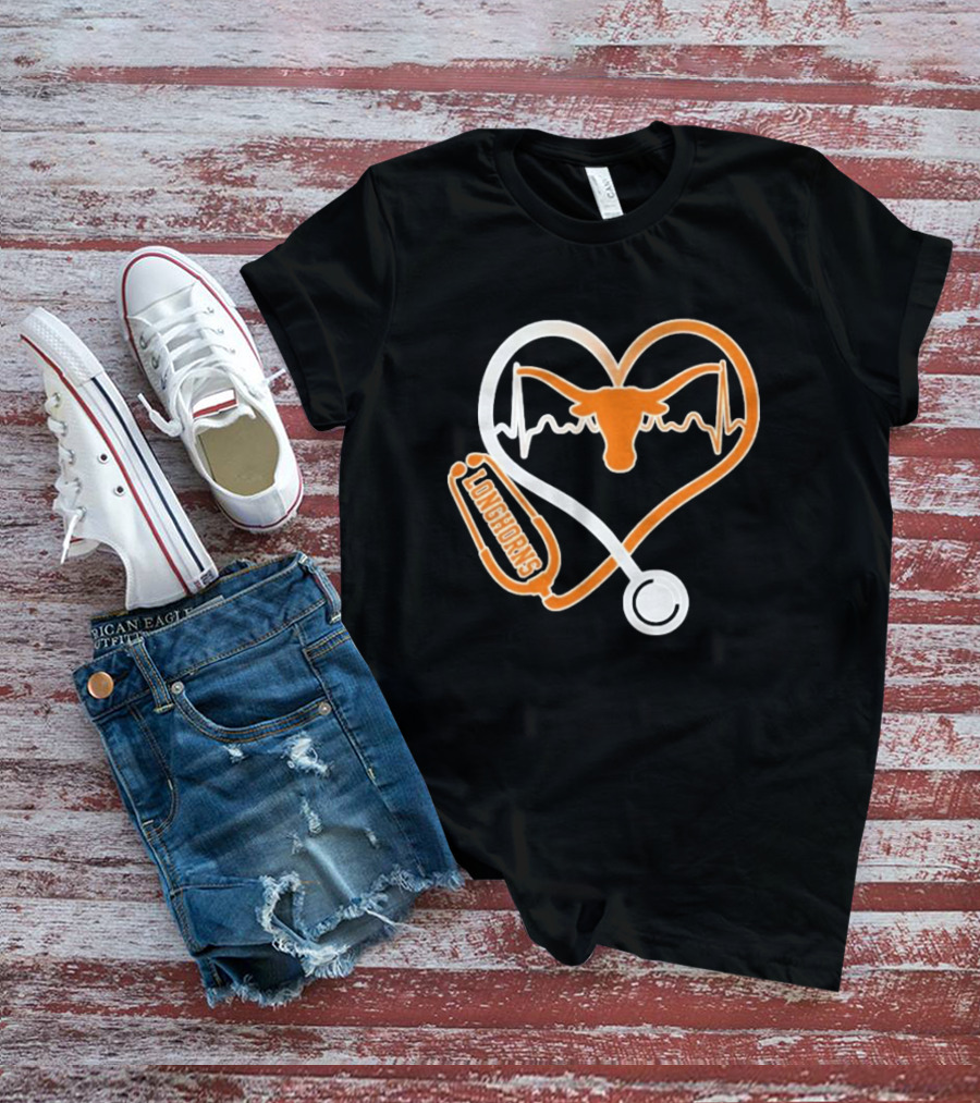Texas Longhorns Caring Hearts Nurse Stethoscope Heartbeat T-Shirt