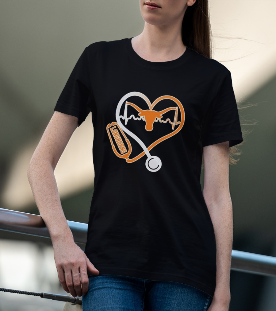 Texas Longhorns Caring Hearts Nurse Stethoscope Heartbeat T-Shirt