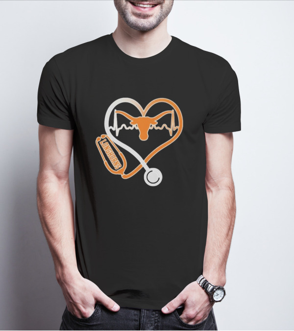 Texas Longhorns Caring Hearts Nurse Stethoscope Heartbeat T-Shirt