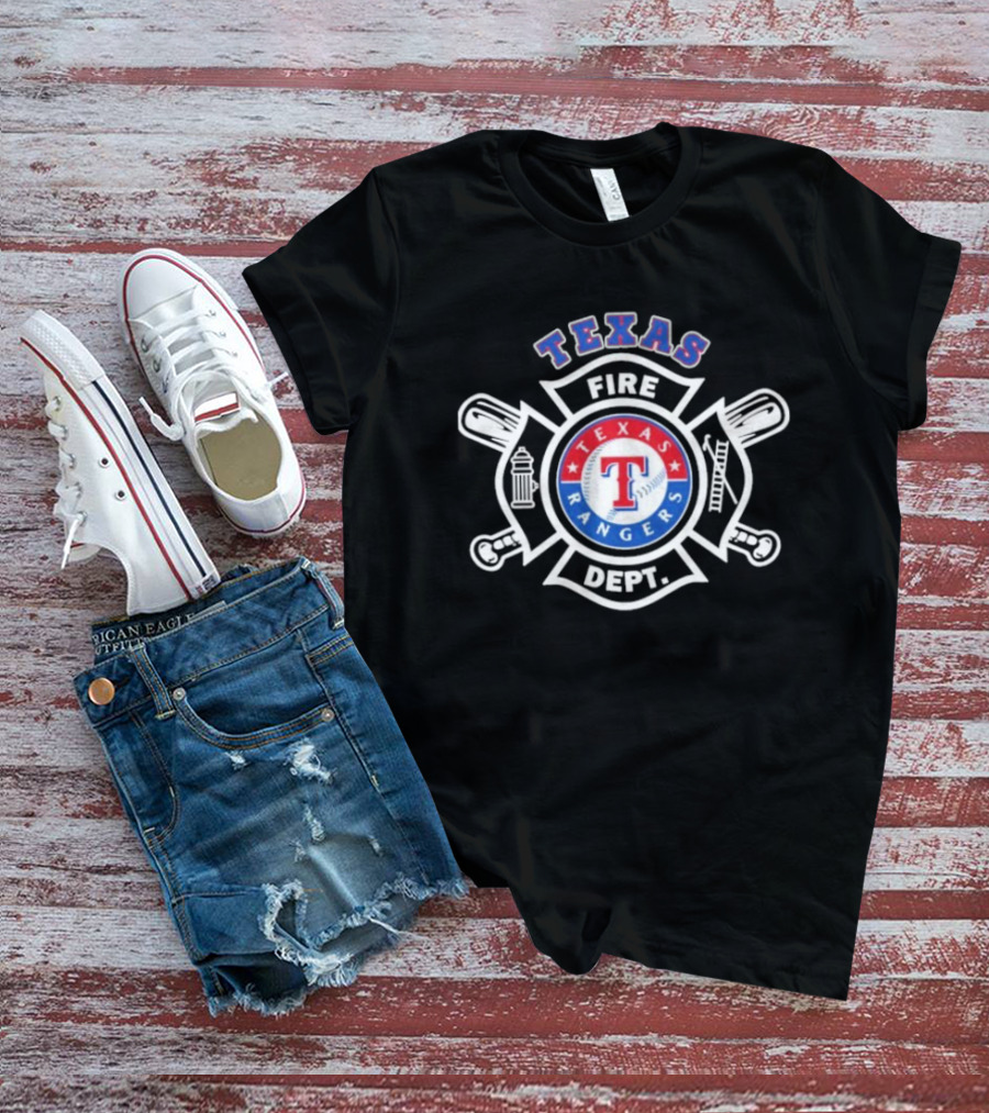 Texas Rangers Fire Dept Firefighters Maltese Cross Badge T-Shirt