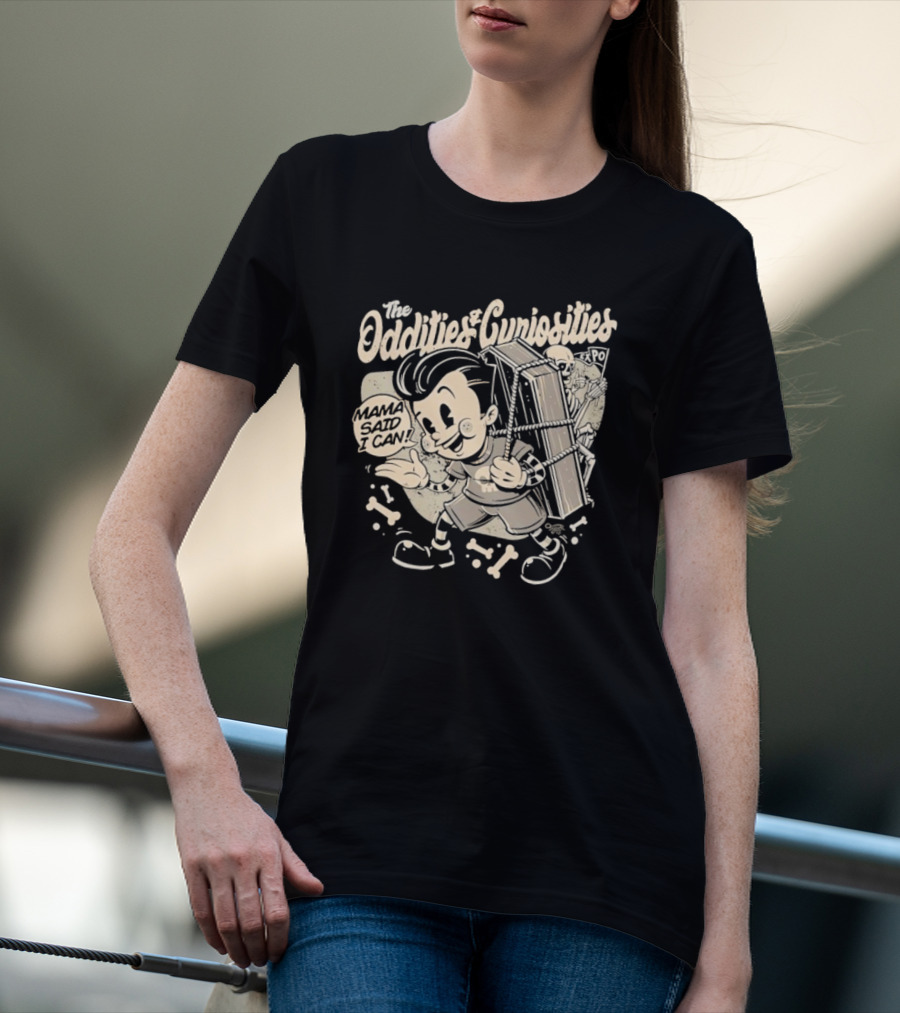 The Oddities And Curiosities Expo Mama Said I Can Skeleton Cartoon Character Carrying Coffin T-Shirt
