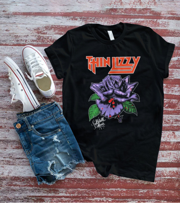 Thin Lizzy Black Rose With Purple Flower And Green Leaves T-Shirt