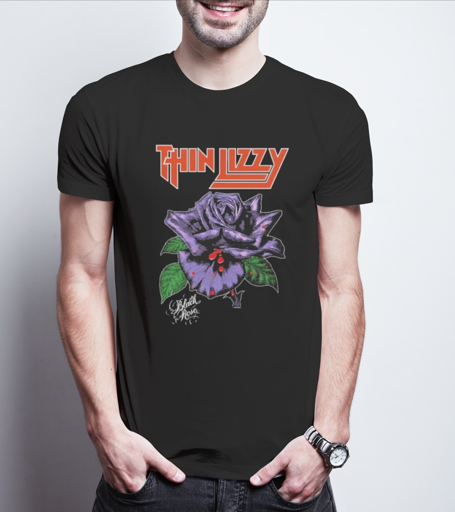 Thin Lizzy Black Rose With Purple Flower And Green Leaves T-Shirt