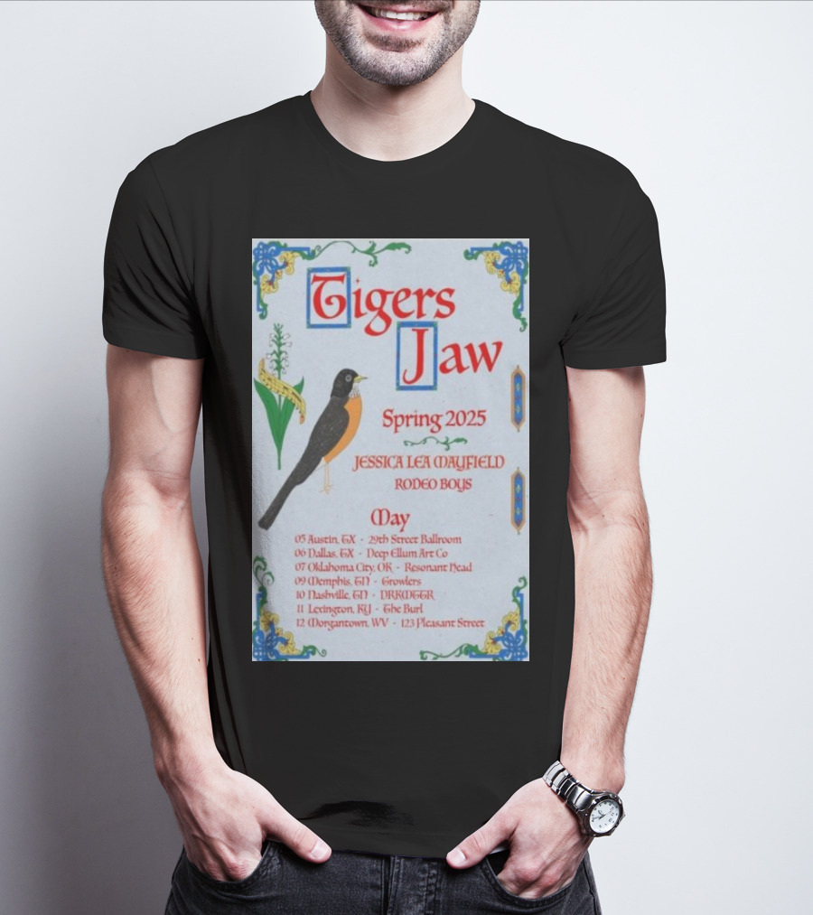 Tigers Jaw Spring 2025 Tour Jessica Lea Mayfield Rodeo Boys May 05 Austin TX 29th Street Ballroom T-Shirt
