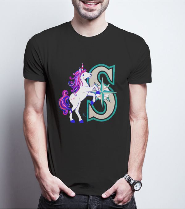 Unicorn Seattle Mariners Baseball Emblem With Compass And Stars T-Shirt