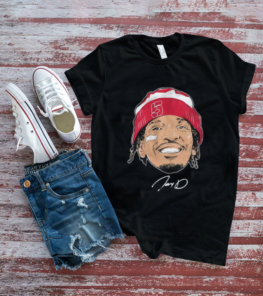 Washington Commanders Jayden Daniels Signature Face Bandage Number 5 Beanie T-Shirt