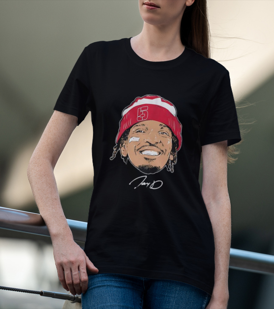 Washington Commanders Jayden Daniels Signature Face Bandage Number 5 Beanie T-Shirt