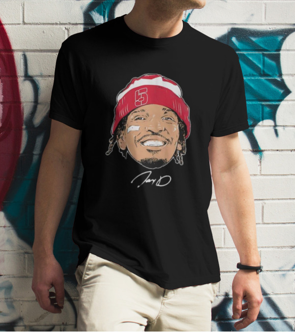 Washington Commanders Jayden Daniels Signature Face Bandage Number 5 Beanie T-Shirt